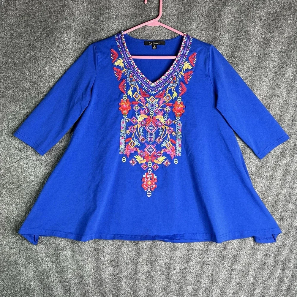 Calessa Embroidered Tunic Top Women Small Blue Boho 3/4 Sleeve - Picture 1 of 7